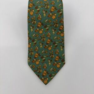 Salvatore Ferragamo Silk Tie Green Asian Village Scene Novelty Print Italy